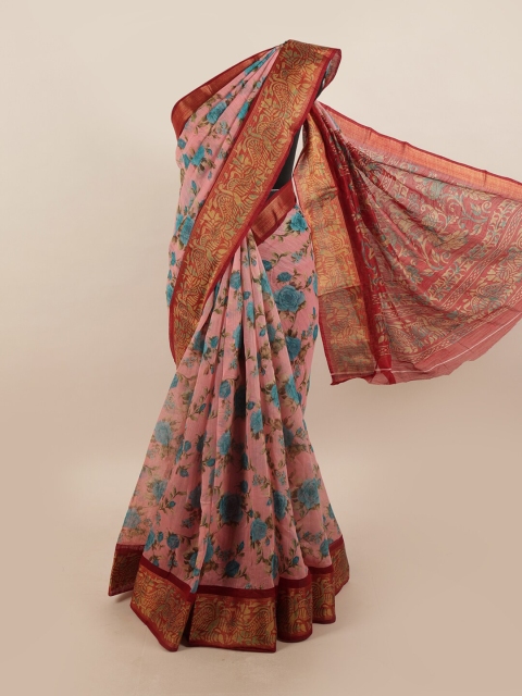 

Pothys Pink & Blue Floral Motifs Printed Zari Saree