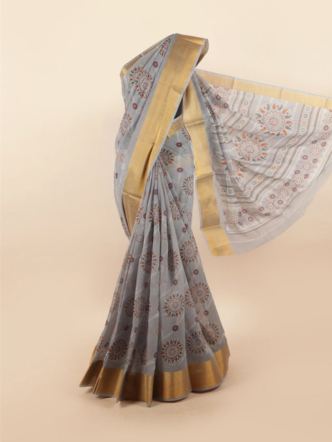 

Pothys Grey & Gold-Toned Ethnic Motifs Printed Zari Saree