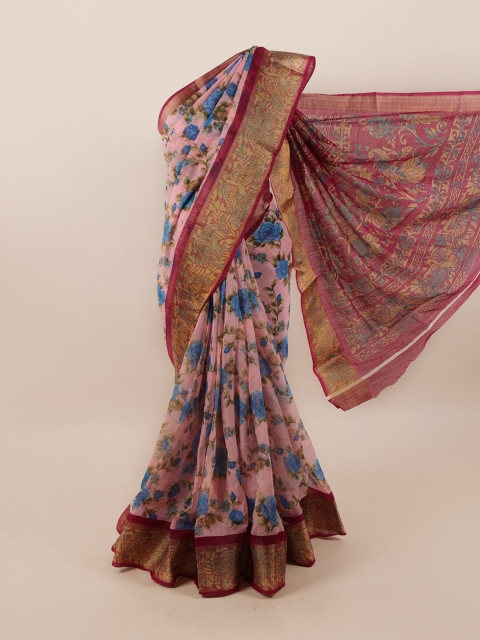 

Pothys Pink & Blue Floral Motifs Printed Zari Saree