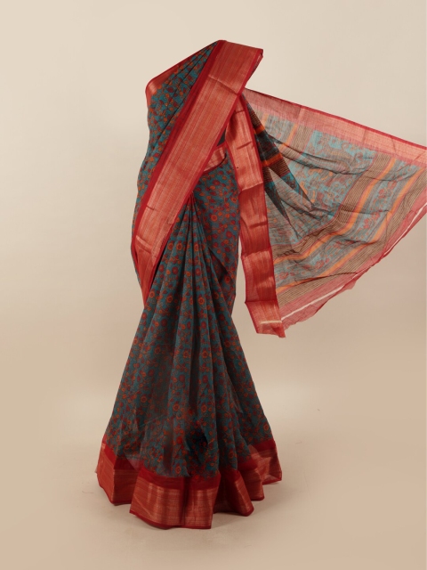 

Pothys Green & Red Floral Motifs Printed Zari Saree