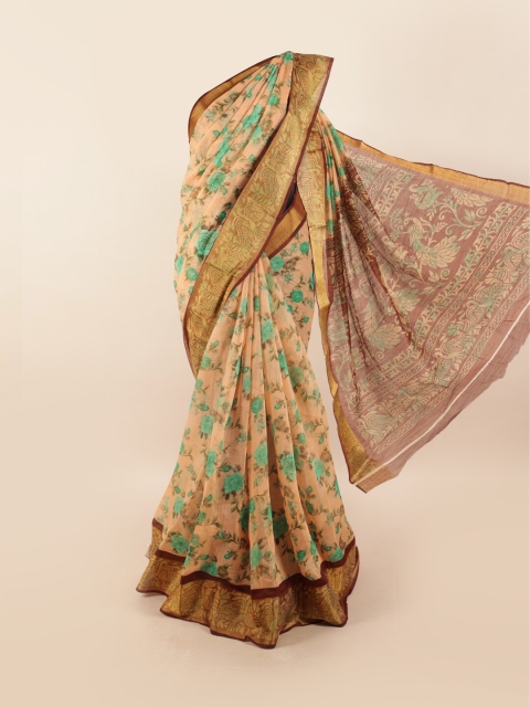 

Pothys Peach-Coloured & Green Floral Motifs Printed Zari Saree