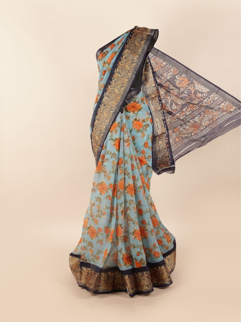 

Pothys Blue & Orange Floral Motifs Printed Zari Saree