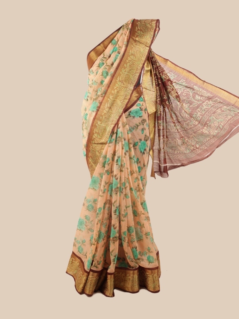 

Pothys Peach-Coloured & Green Floral Motifs Printed Zari Saree