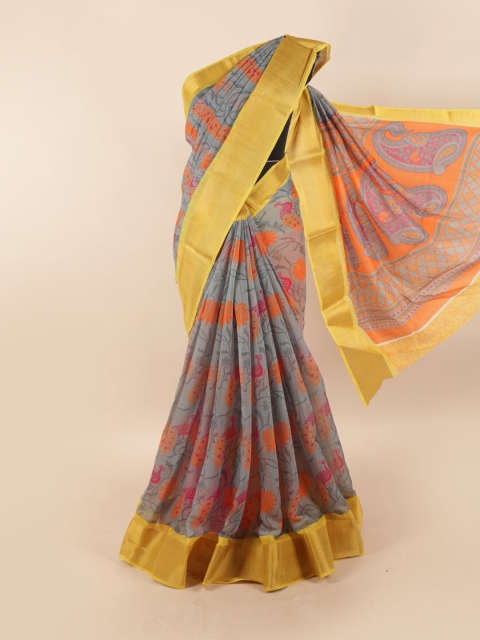 

Pothys Grey & Orange Floral Motifs Printed Zari Saree