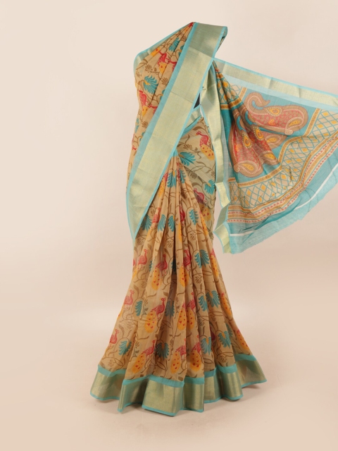 

Pothys Cream & Blue Floral Motifs Printed Zari Saree