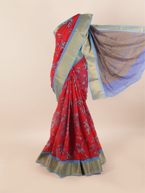 

Pothys Red & Blue Floral Motifs Printed Zari Saree