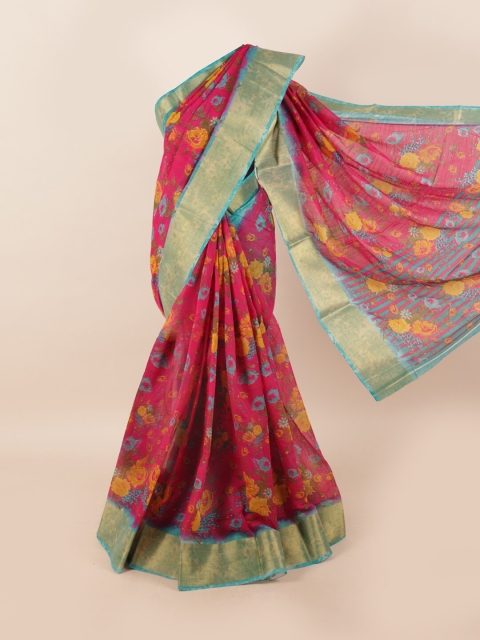 

Pothys Magenta & Yellow Floral Motifs Printed Zari Saree