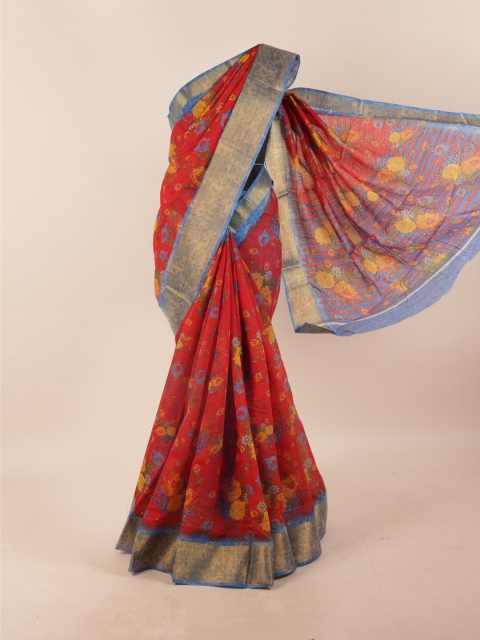 

Pothys Red & Gold-Toned Floral Motifs Printed Zari Saree