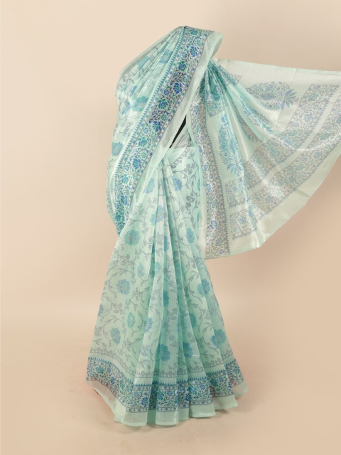 

Pothys Turquoise Blue & Silver-Toned Floral Motifs Printed Saree