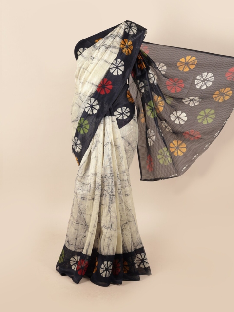 

Pothys Cream-Coloured & Black Floral Motifs Printed Saree