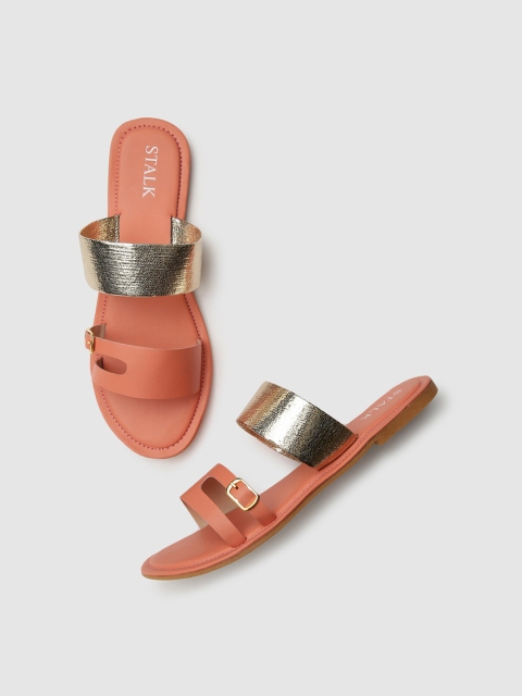 

STALK Women Peach-Coloured & Gold-Toned Open Toe Flats with Buckles