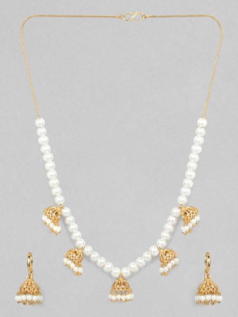 

Anouk Gold-Toned & White Handcrafted Pearl Jhumka Necklace Set