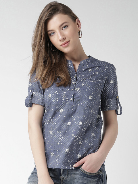 

Metersbonwe Women Blue Printed Shirt Style Top