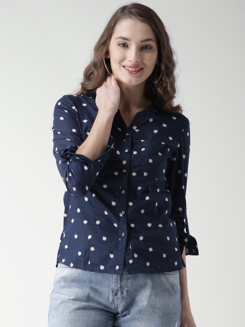 

Metersbonwe Women Navy Printed Collarless Casual Shirt, Navy blue