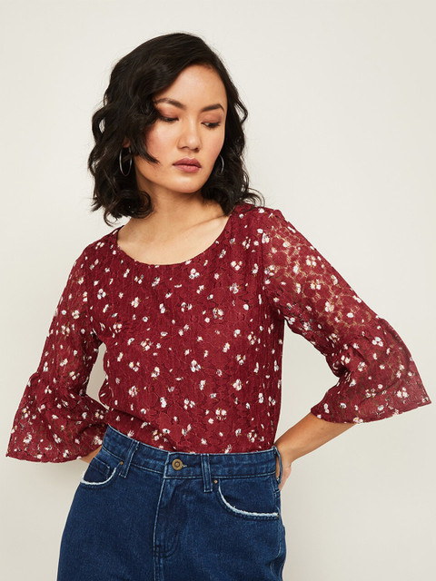 

Fame Forever by Lifestyle Burgundy & White Floral Printed Regular Top