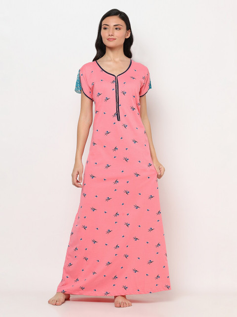 

TRUNDZ Pink & Blue Floral Printed Maxi Nightdress