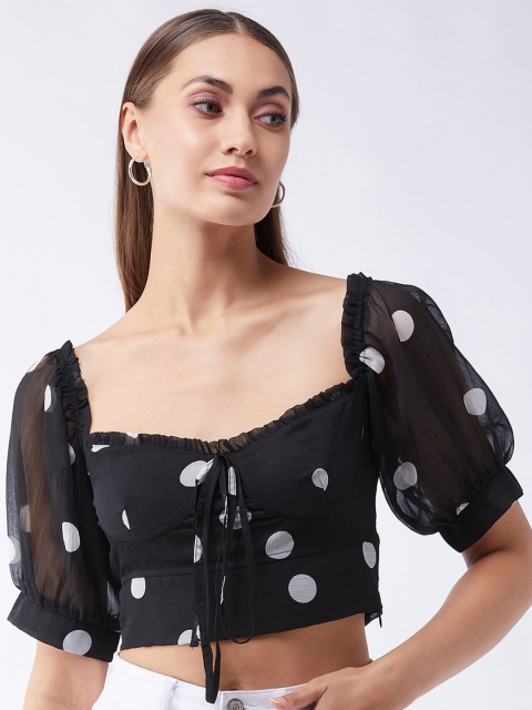 

MAGRE Black & White Sweetheart Neck Polka Dots Printed Chiffon Regular Crop Top