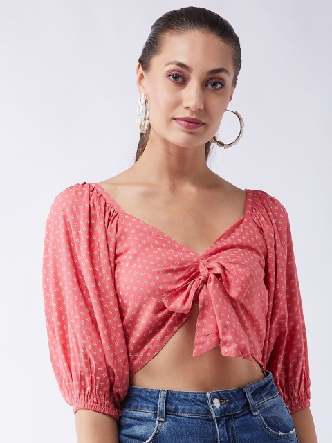 

MAGRE Pink & White Floral Printed Tie Up Regular Crop Top