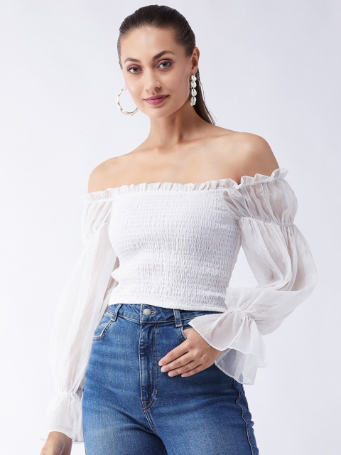 

MAGRE Women White Off-Shoulder Chiffon Regular Top