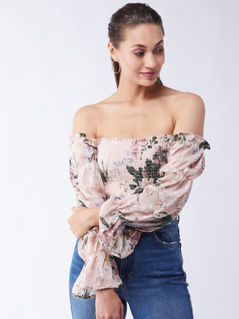 

MAGRE Peach-Coloured Floral Off-Shoulder Smocked Chiffon Bardot Top