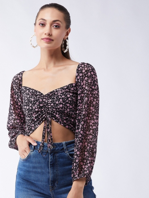 

MAGRE Black & Pink Floral Sweetheart Neck Georgette Regular Crop Top