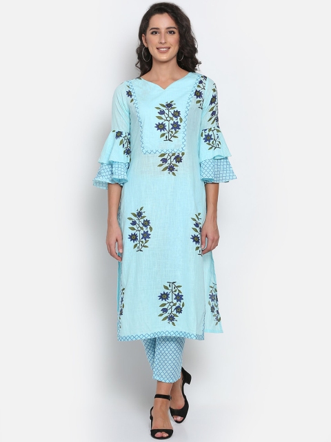 

MARC LOUIS Women Blue & Green Floral Printed Regular Pure Cotton Kurta With Trousers