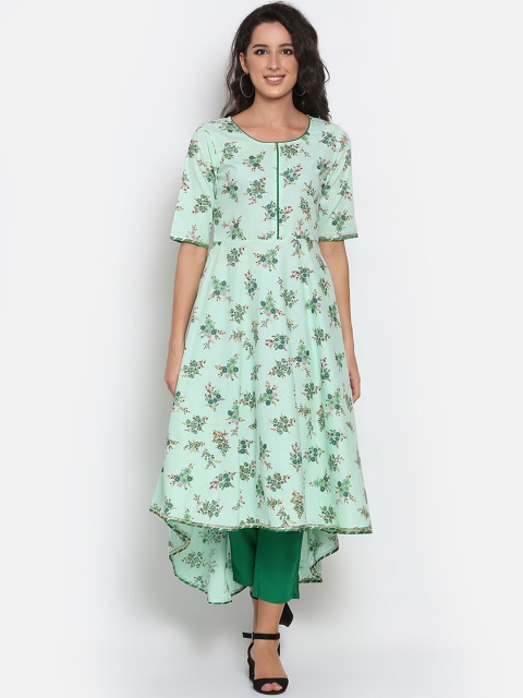

MARC LOUIS Women Green Floral Printed Regular Pure Cotton Anarkali Kurta with Trousers