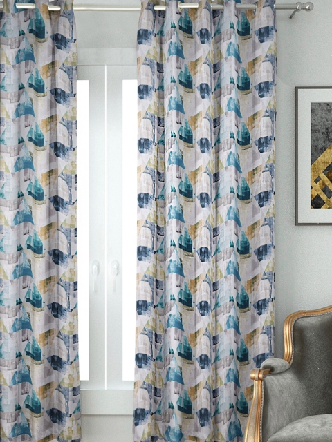 

HOUZZCODE Sea Green & Off White Abstract Printed Black Out Window Curtain