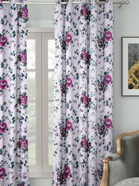 

HOUZZCODE Purple & Off White Floral Printed Black Out Window Curtain