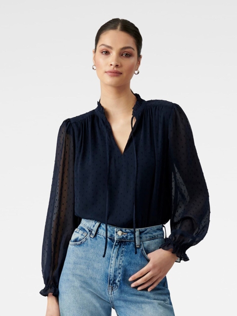 

Forever New Navy Blue Semi-Sheer Dobby Weave Self Design Top