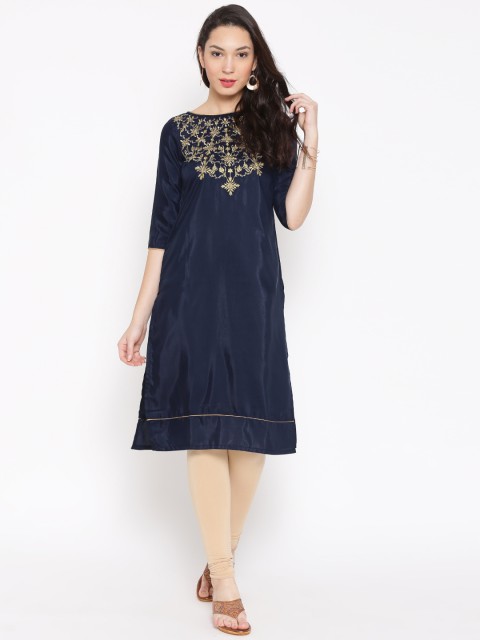 

AURELIA Women Navy Zari Embroidered Straight Kurta, Navy blue