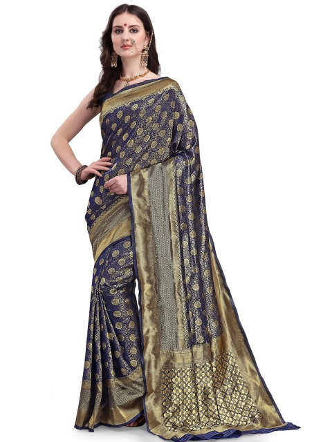 

Mitera Navy Blue & Gold-Toned Ethnic Motifs Zari Silk Blend Kanjeevaram Saree