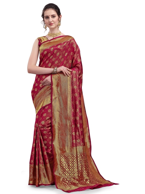 

Mitera Red & Gold-Toned Ethnic Motifs Zari Silk Blend Kanjeevaram Saree
