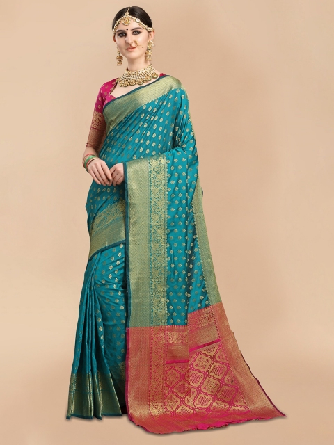 

Mitera Blue & Pink Ethnic Motifs Zari Silk Blend Banarasi Saree