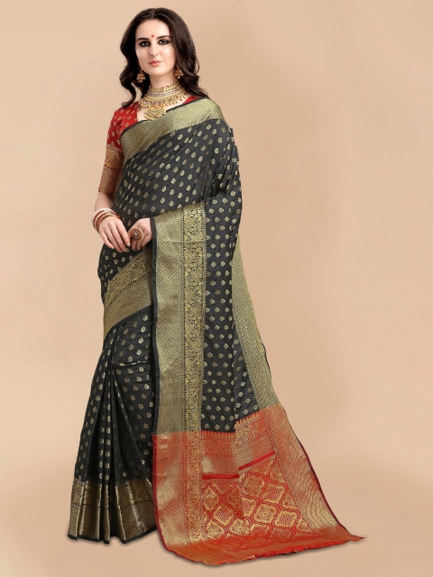 

Mitera Black & Red Embellished Zari Silk Blend Fusion Banarasi Saree