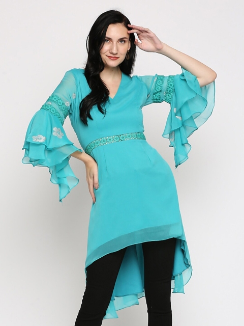 

Ira Soleil Blue Solid V-Neck Flared Sleeves Panelled High-Low Kurti