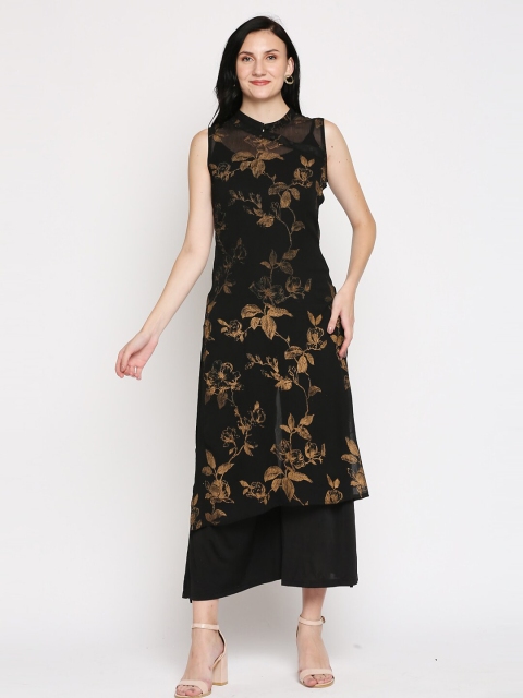 

Ira Soleil Women Black & Golden Floral Print Kurta with Inner & Palazzos