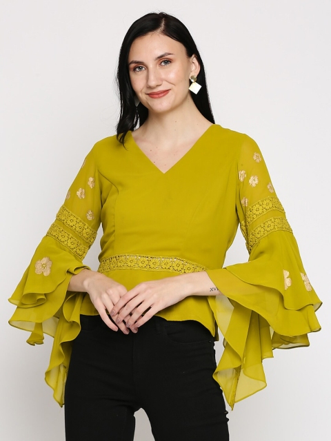 

Ira Soleil Green Georgette With Lace Detailed Crop Top