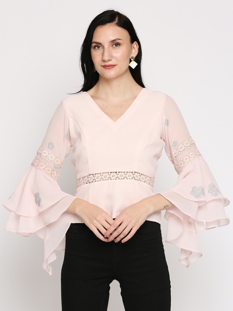 

Ira Soleil Pink Georgette With Lace Detailed Crop Top