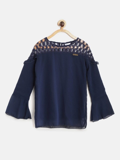 

612 league Girls Navy Blue Bell Sleeves Regular Top