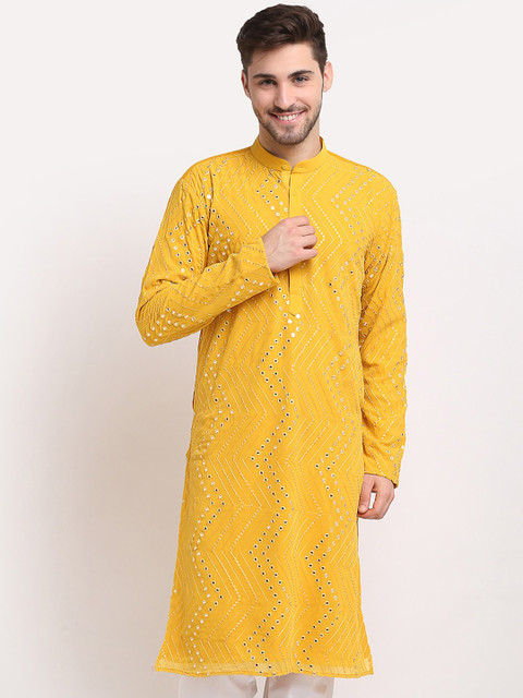 

Jompers Men Mustard Yellow Ethnic Motifs Printed Flared Sleeves Thread Work Georgette Kurta