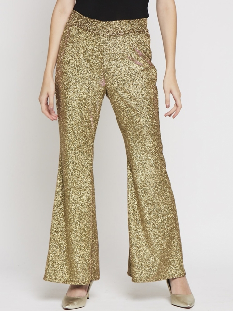 

Ira Soleil Women Gold-Coloured Glitter Embellished Bootcut Trousers