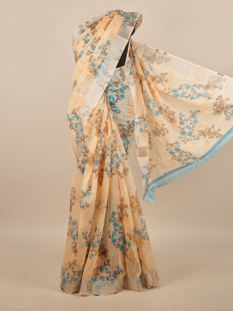

Pothys Peach-Coloured & Blue Floral Saree