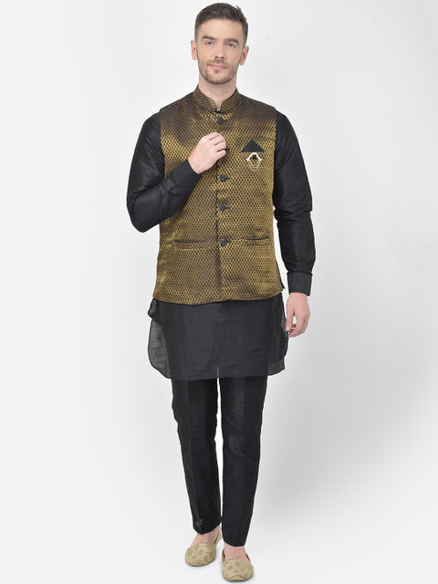 

SG LEMAN Men Black Layered Raw Silk Kurta with Pyjamas