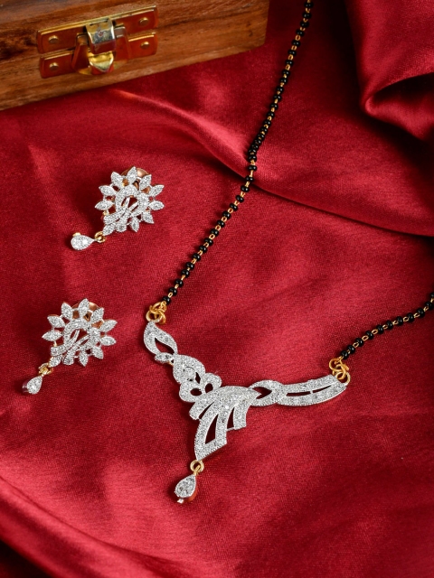 

Silvermerc Designs Women Gold-Plated Black & White AD-Studded & Beaded Mangalsutra With Earrings