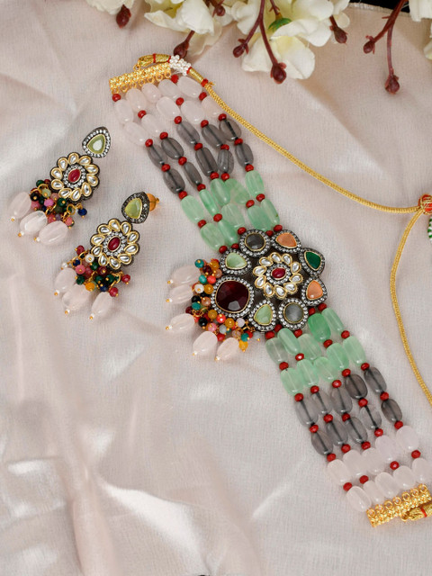 

Silvermerc Designs Gold-Plated Multi-Coloured Quartz-Studded & Beaded Jewellery Set