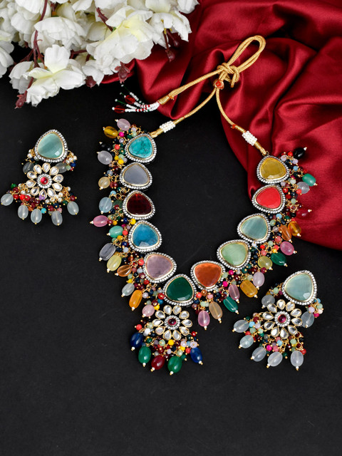 

Silvermerc Designs Gold-Plated Multi-Coloured Quartz-Studded & Beaded Jadau Jewellery Set