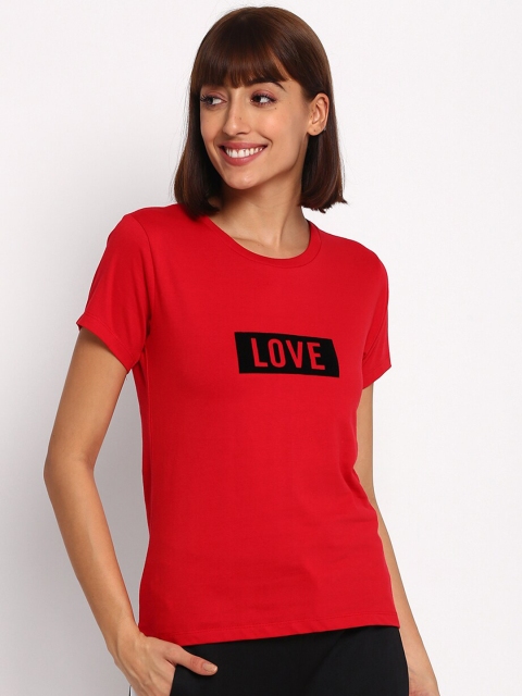 

SPARROWHAWK Women Red Typography Printed Pockets T-shirt