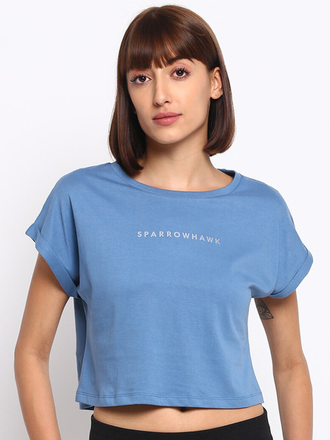 

SPARROWHAWK Women Blue & White Printed Extended Sleeves Cotton T-shirt