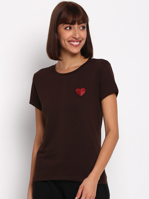 

SPARROWHAWK Women Coffee Brown Applique T-shirt
